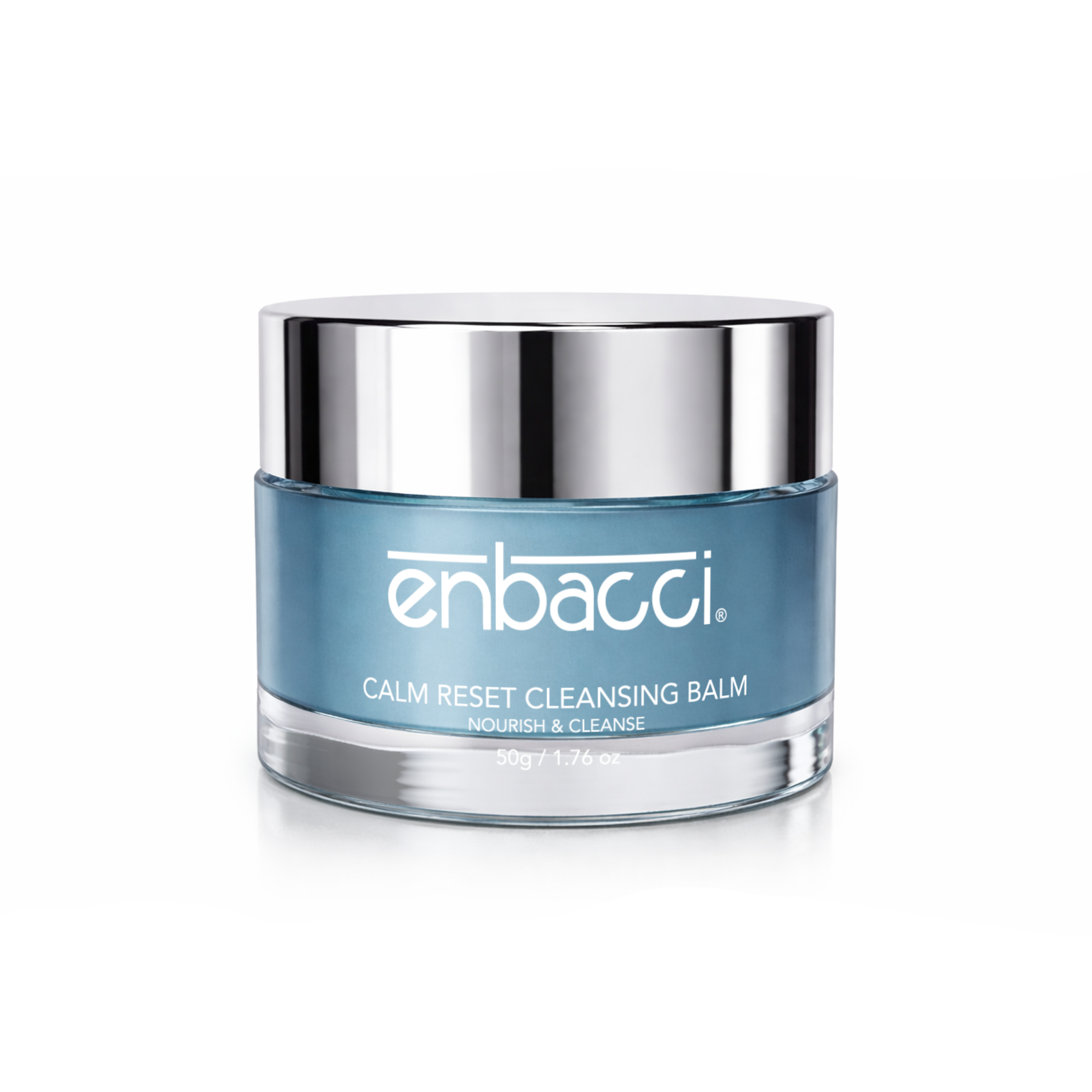 A jar of Enbacci Calm Reset Cleansing Balm with a metallic silver lid and a blue-gray glass container, shown on a clean white background.